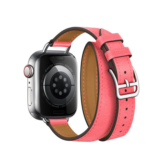 Compatible with Apple Watch 41mm Rose Azalée Swift Leather Attelage Double Tour