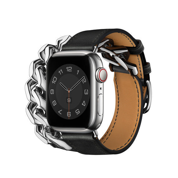 Compatible with Apple Watch 41mm Noir Swift Leather Gourmette Metal Double Tour