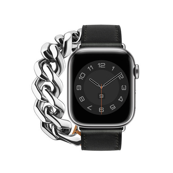 Compatible with Apple Watch 41mm Noir Swift Leather Gourmette Metal Double Tour