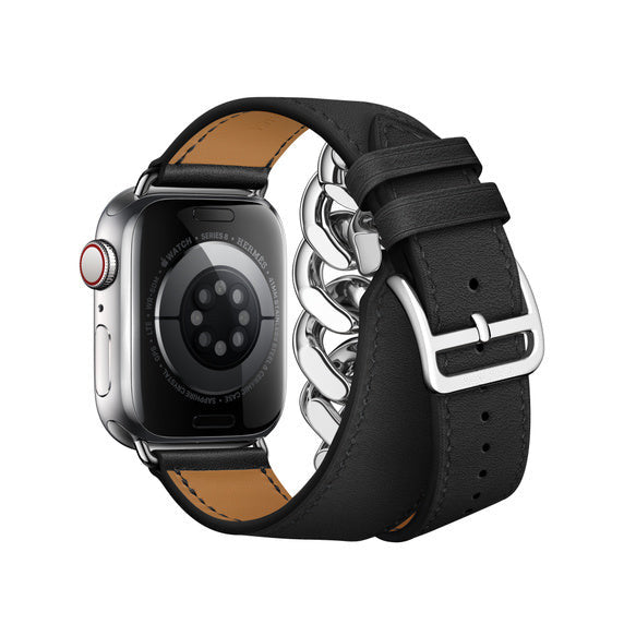 Compatible with Apple Watch 41mm Noir Swift Leather Gourmette Metal Double Tour