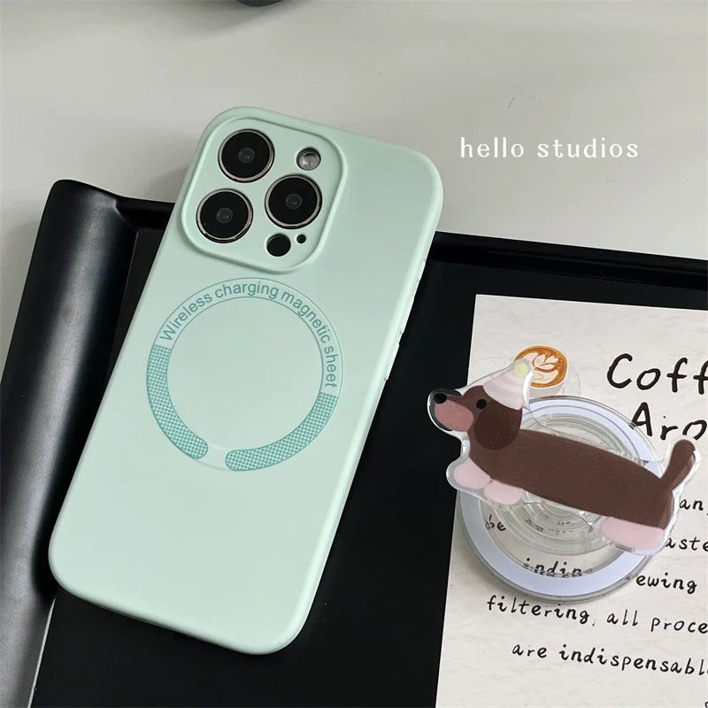 Casezly Fresh Milk Green Dachshund Magnetic Stand Phone Case for iPhone 13-15 Pro Max