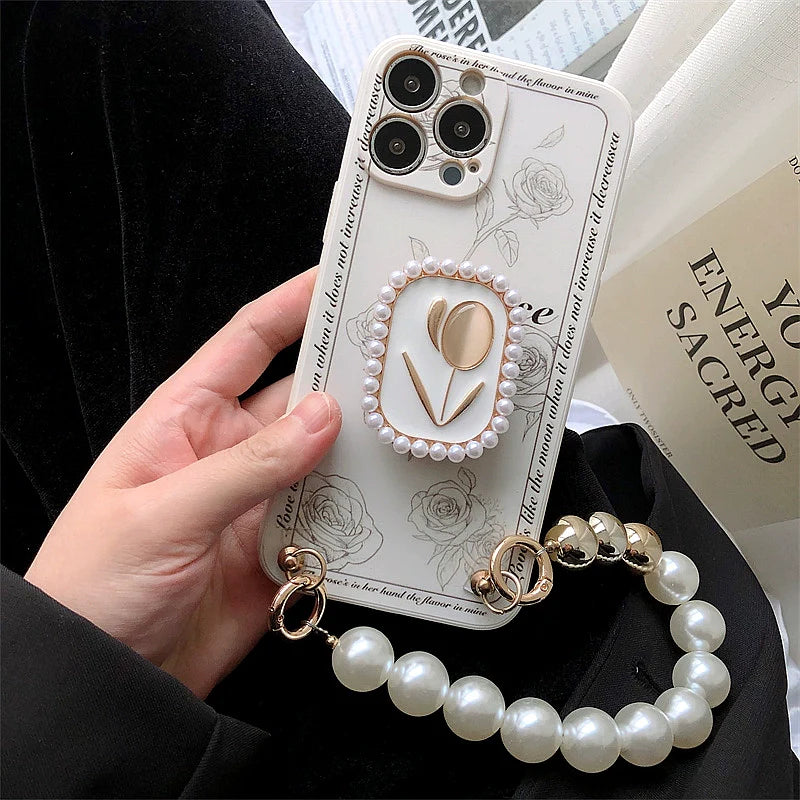 Casezly Vintage Rose Case for Samsung S24+ with Pearl Bracelet & Stand