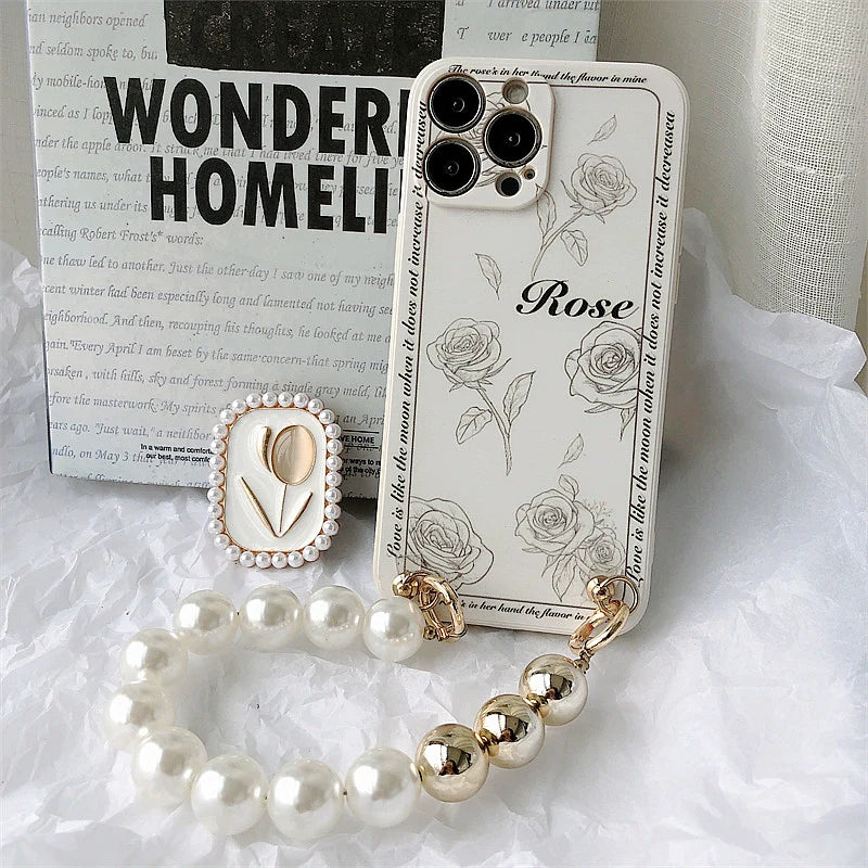 Casezly Vintage Rose Case for Samsung S24+ with Pearl Bracelet & Stand