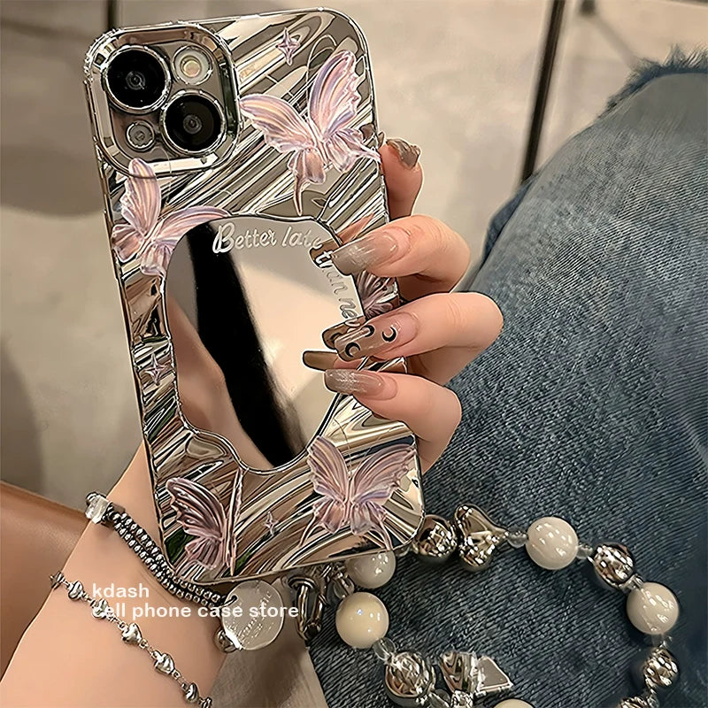 Casezly Mirror Butterfly Chain Case for iPhone 15 /14 Pro