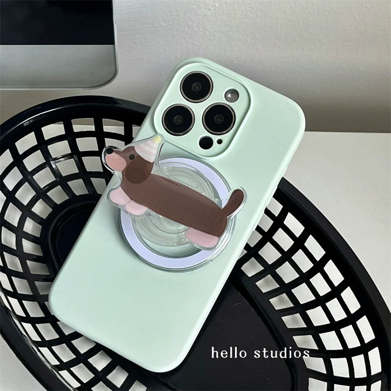 Casezly Fresh Milk Green Dachshund Magnetic Stand Phone Case for iPhone 13-15 Pro Max