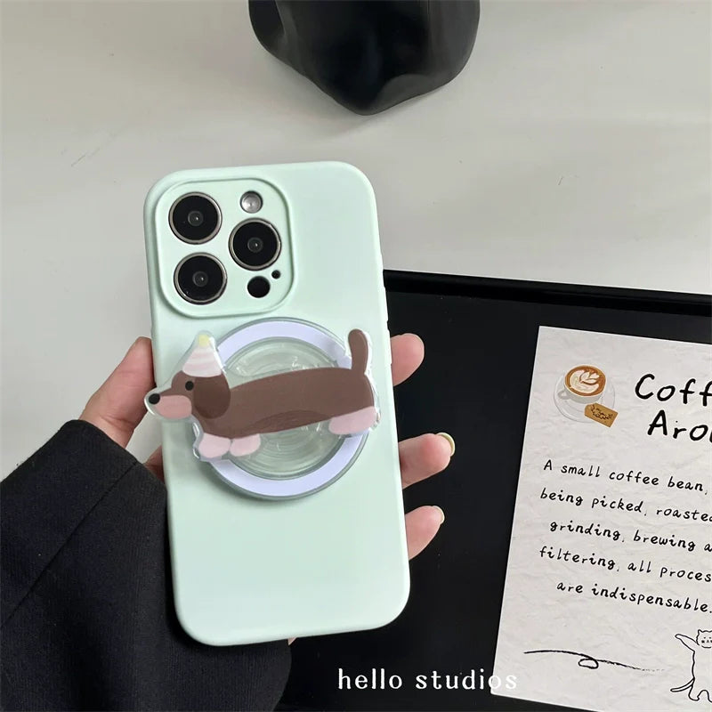 Casezly Fresh Milk Green Dachshund Magnetic Stand Phone Case for iPhone 13-15 Pro Max