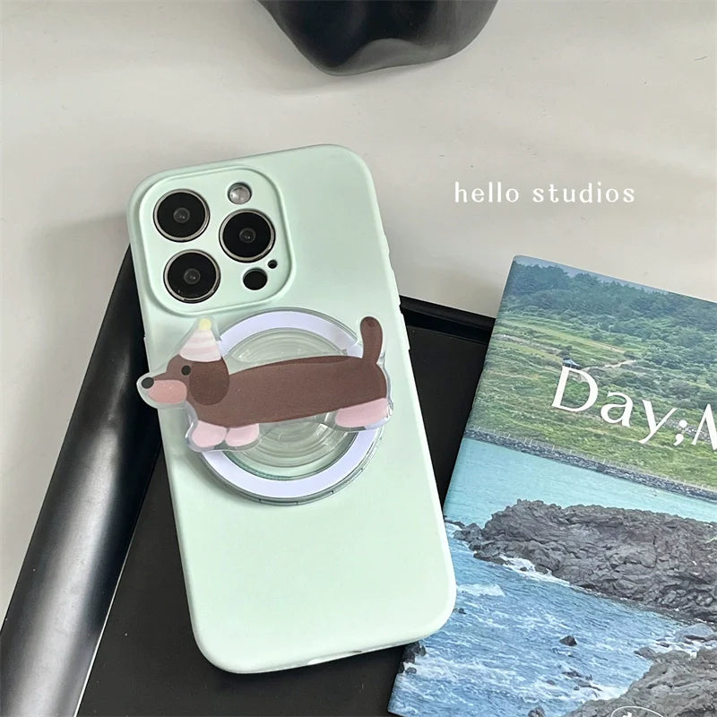 Casezly Fresh Milk Green Dachshund Magnetic Stand Phone Case for iPhone 13-15 Pro Max