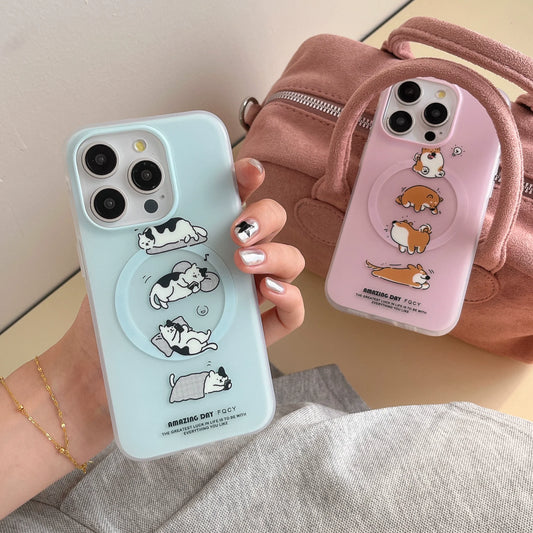 Casezly New Blue-Pink Music Cat Dog Magnetic IMD Phone Case Stand for Apple