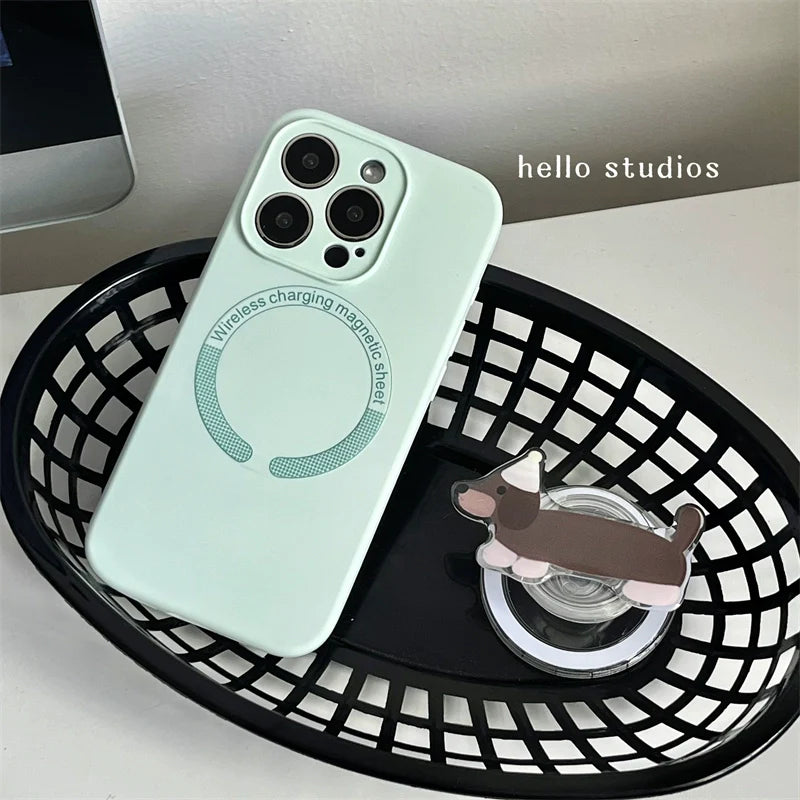 Casezly Fresh Milk Green Dachshund Magnetic Stand Phone Case for iPhone 13-15 Pro Max